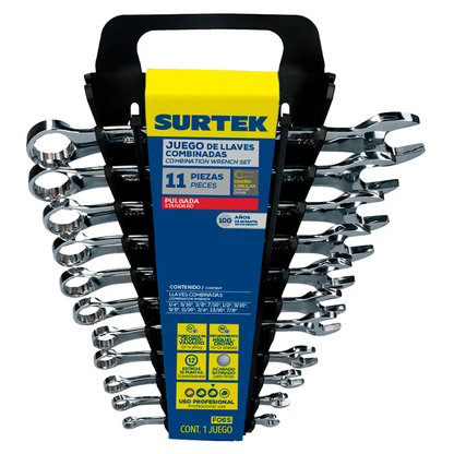F06S Juego de llaves combinadas satinadas 11 piezas 1/4" a 7/8", uso profesional, Surtek