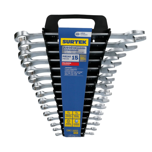 F10S Juego de llaves combinadas satinadas 15 piezas 1/4" a 1-1/8", uso profesional, Surtek