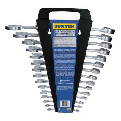 F10S Juego de llaves combinadas satinadas 15 piezas 1/4" a 1-1/8", uso profesional, Surtek