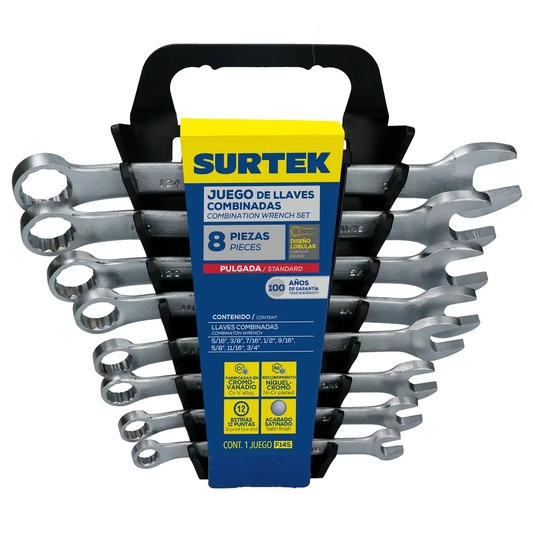 F14S Juego de llaves combinadas satinadas 8 piezas 5/16" a 3/4", uso profesional, Surtek