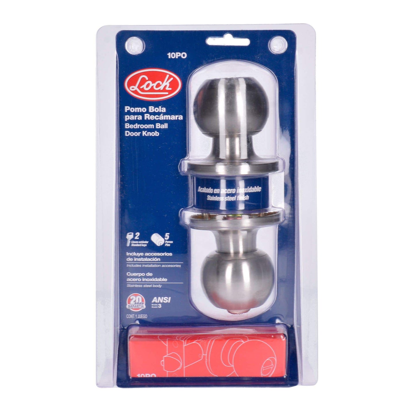 10PO Pomo tubular de bola para alcoba, Lock