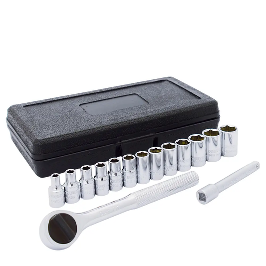 F4400M Juego de copas 6pt y accesorios cuadrante 1/4" 15 piezas a 13 mm - 1/4" a 1/2", uso profesional, Surtek