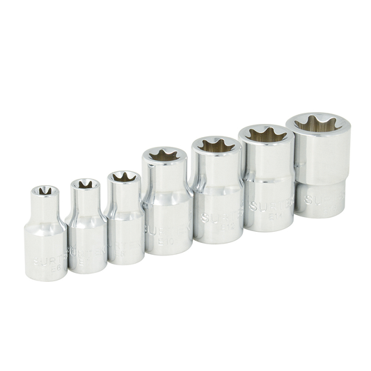 F4451E Juego de copas punta E-Torx hembra 7 piezas cuadrante 1/4" y 3/8"