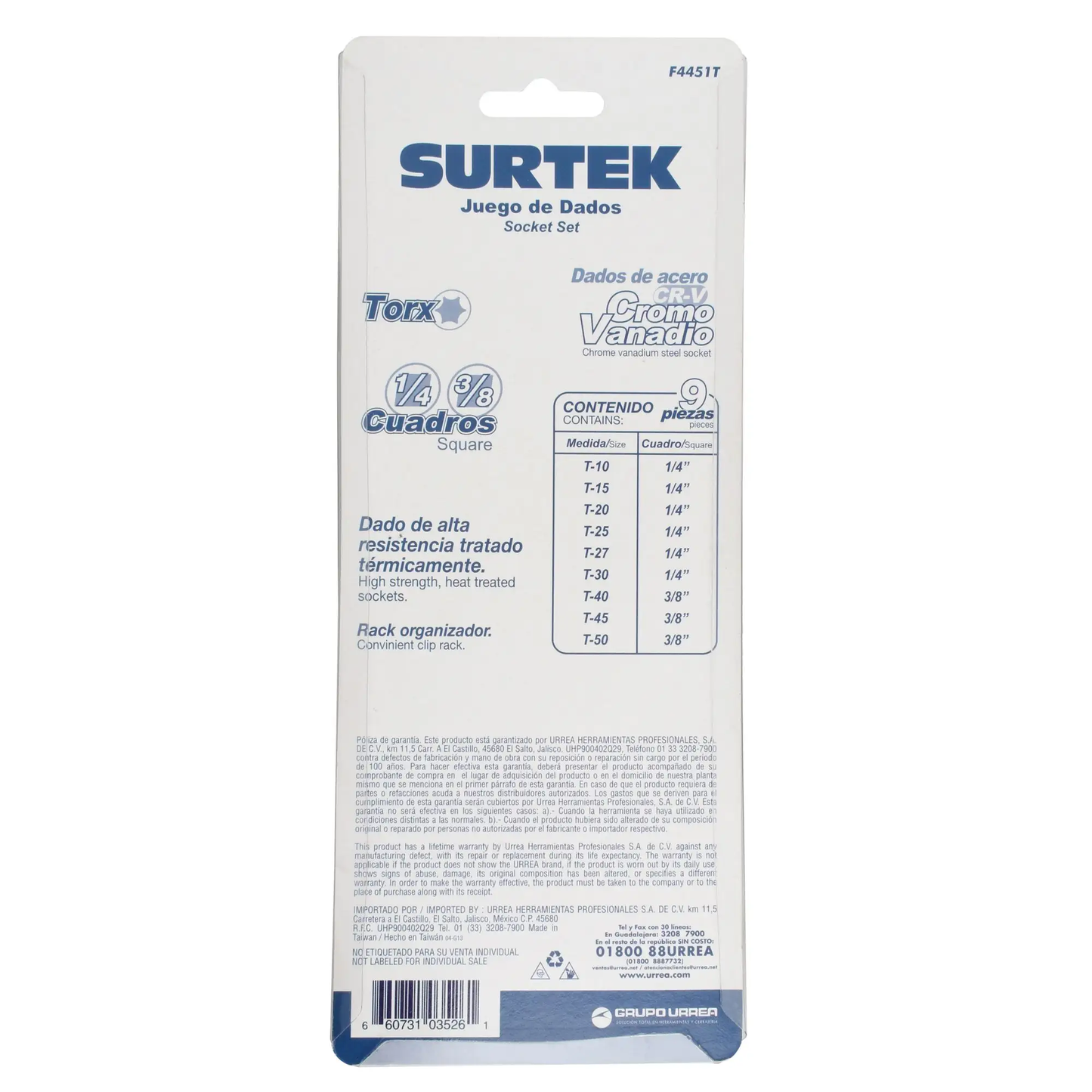 F4451T Juego de copas punta Torx cuadrante 1/4" y 3/8" 9 piezas T10 a T50