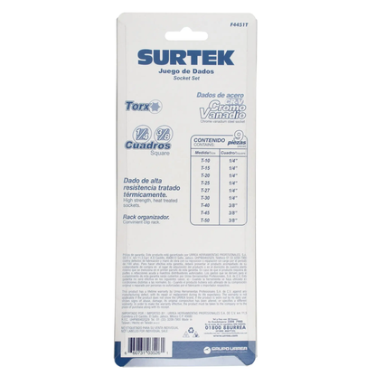 F4451T Juego de copas punta Torx cuadrante 1/4" y 3/8" 9 piezas T10 a T50