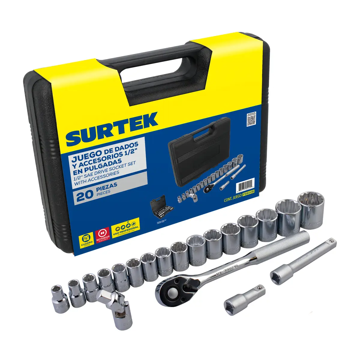 F5800B Juego de copas 12 pt y accesorios cuadrante 1/2" 20 piezas 3/8" a 1-1/4", uso profesional, Surtek