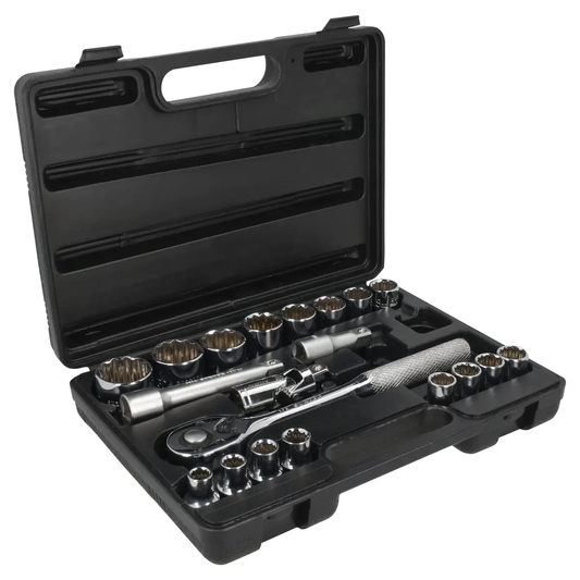 F5800B Juego de copas 12 pt y accesorios cuadrante 1/2" 20 piezas 3/8" a 1-1/4", uso profesional, Surtek