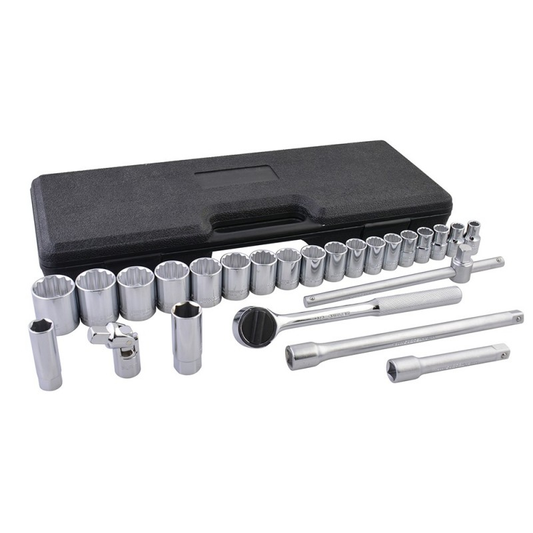 F5800C Juego de copas 12 pt y accesorios cuadrante 1/2" 25 piezas 3/8" a 1-1/4", uso profesional, Urrea