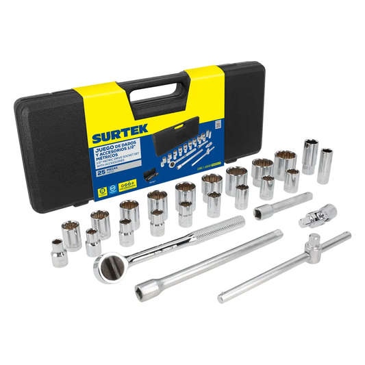 F5800CM Juego de copas cuadrante 1/2" 25 piezas 10 a 32 mm, uso profesional, Surtek