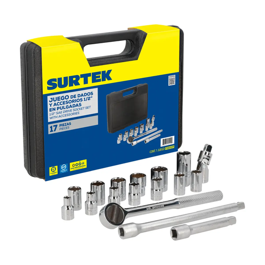 F5800M Juego de copas cuadrante 1/2" 9 a 22 mm 17 piezas, uso profesional, Surtek