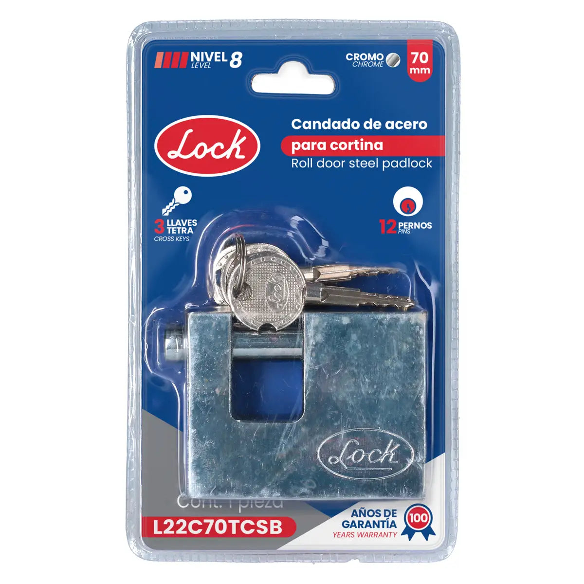 L22C70TCSB Candado acero anti-cizalla 70 mm con llave tetra, cromo satinado, Lock