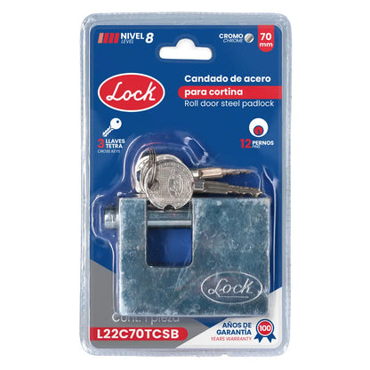 L22C70TCSB Candado acero anti-cizalla 70 mm con llave tetra, cromo satinado, Lock
