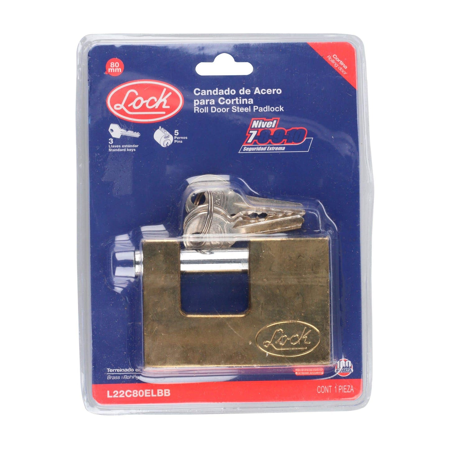 L22C80ELBB Candado de acero anti-cizalla 80 mm, latón brillante, Lock