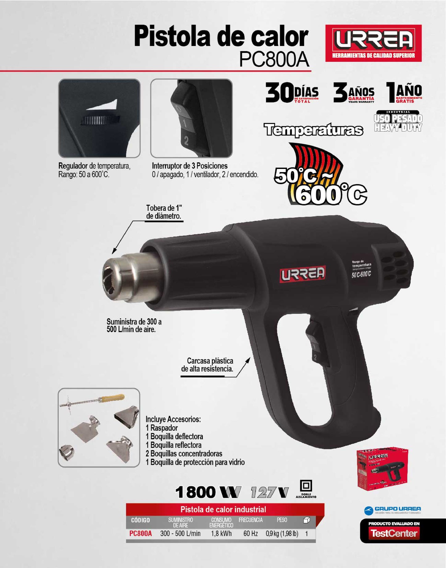 PC800A Pistola de calor 50°C - 600°C 1800W