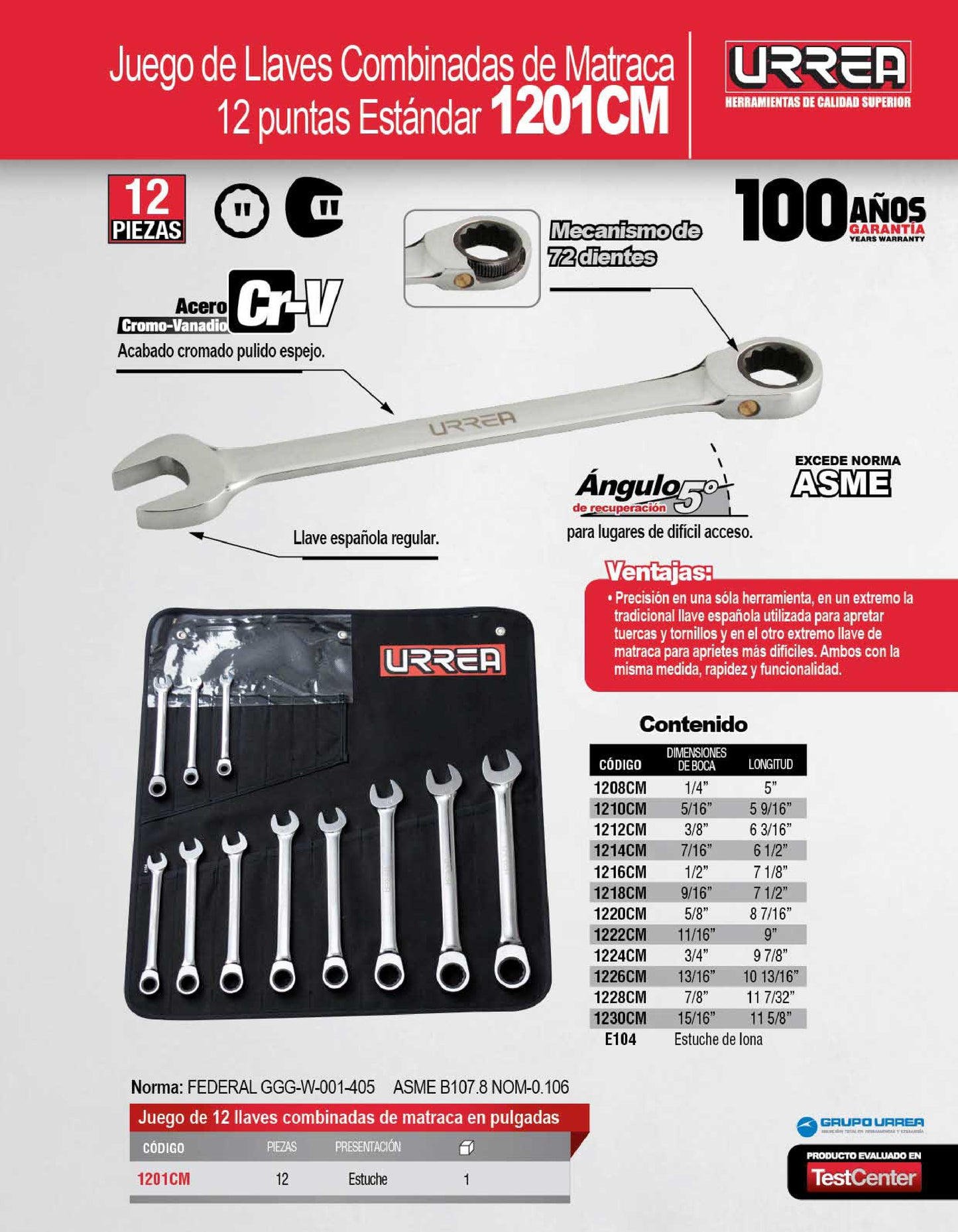 1201CM Juego de llaves combinadas con ratchet pulido espejo 12 piezas 1/4" a 15/16", uso pesado, Urrea