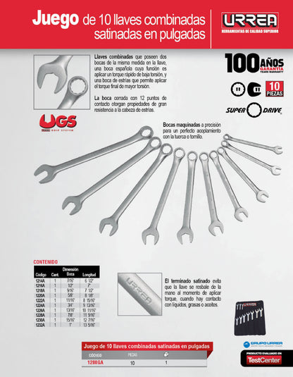 1200GA Juego de llaves combinadas satinadas 10 piezas 7/16" a 1", uso pesado, Urrea