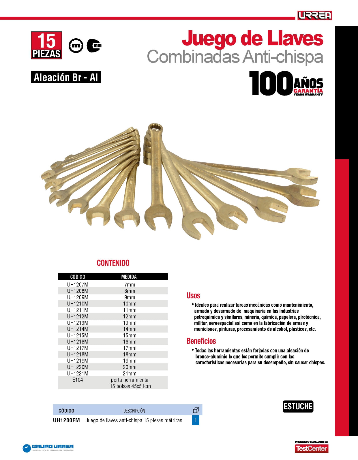 UH1200FM Juego de llaves combinadas antichispa broce-aluminio métricas 15 piezas 7 a 21 mm, Urrea