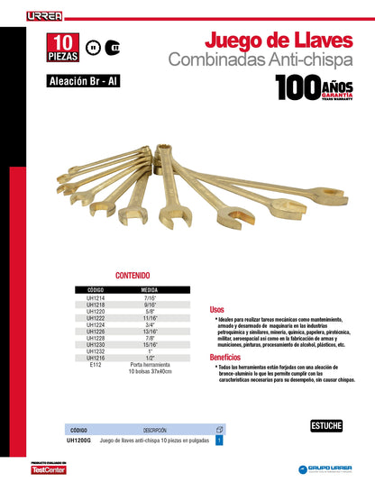 UH1200G Juego de llaves combinadas antichispa bronce-aluminio en pulgadas 10 piezas 7/16" a 1", Urrea