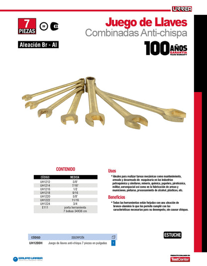 UH1200H Juego de llaves combinadas antichispa bronce-aluminio en pulgadas 7 piezas 3/8" a 3/4", Urrea