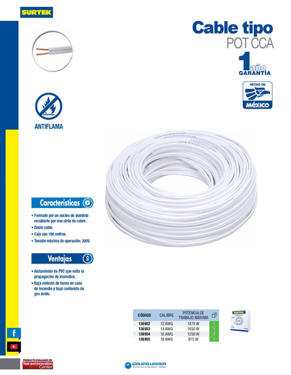 136954 Cable eléctrico POT CCA 2 X 16 AWG 100 m, blanco