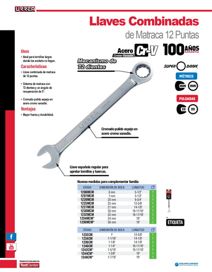 1208MCM Llave combinada pulido espejo ratchet 8 mm, uso pesado