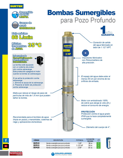 BSP615 Bomba sumergible para pozo profundo 1-1/2 HP