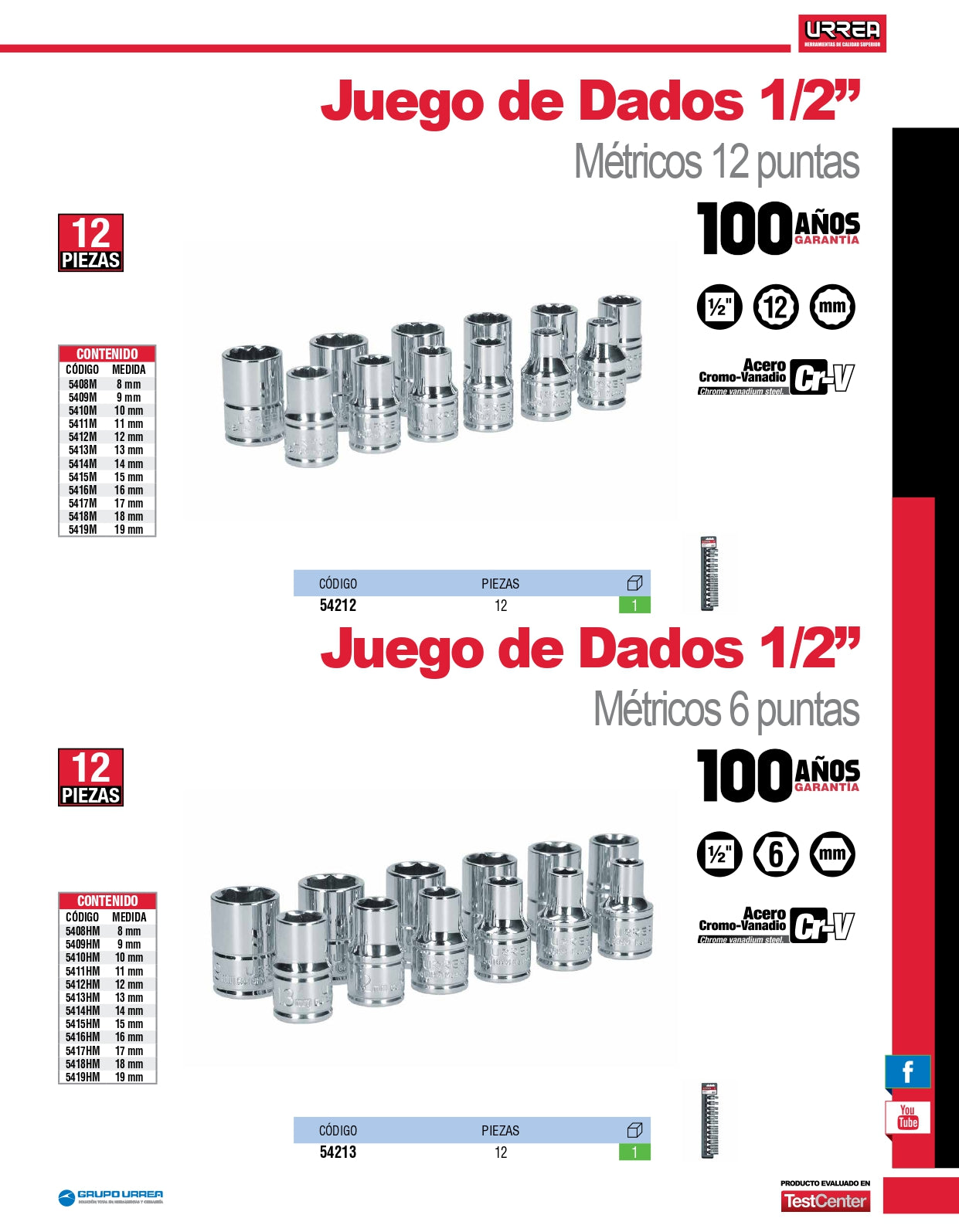54212 Juego de copas 12 pt cuadrante 1/2" 12 piezas 8 a 19 mm, uso pesado, Urrea