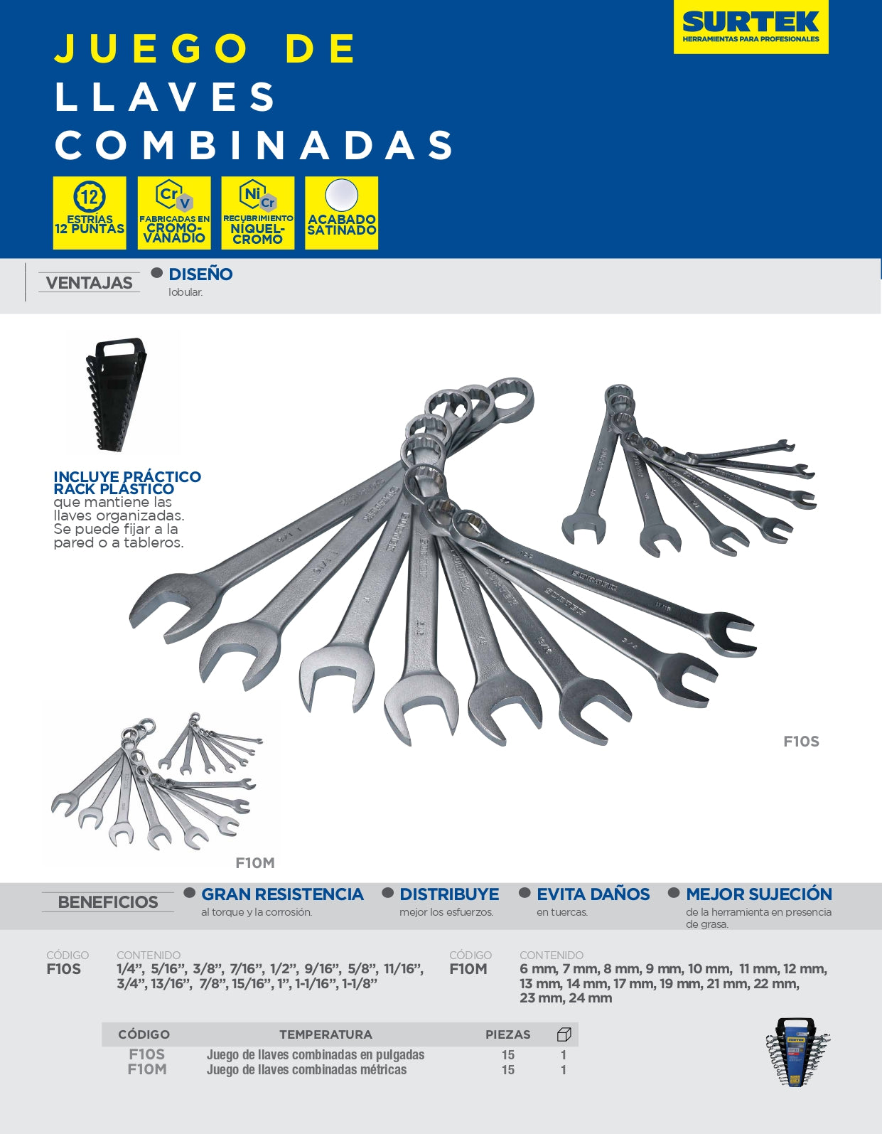 F10S Juego de llaves combinadas satinadas 15 piezas 1/4" a 1-1/8", uso profesional, Surtek
