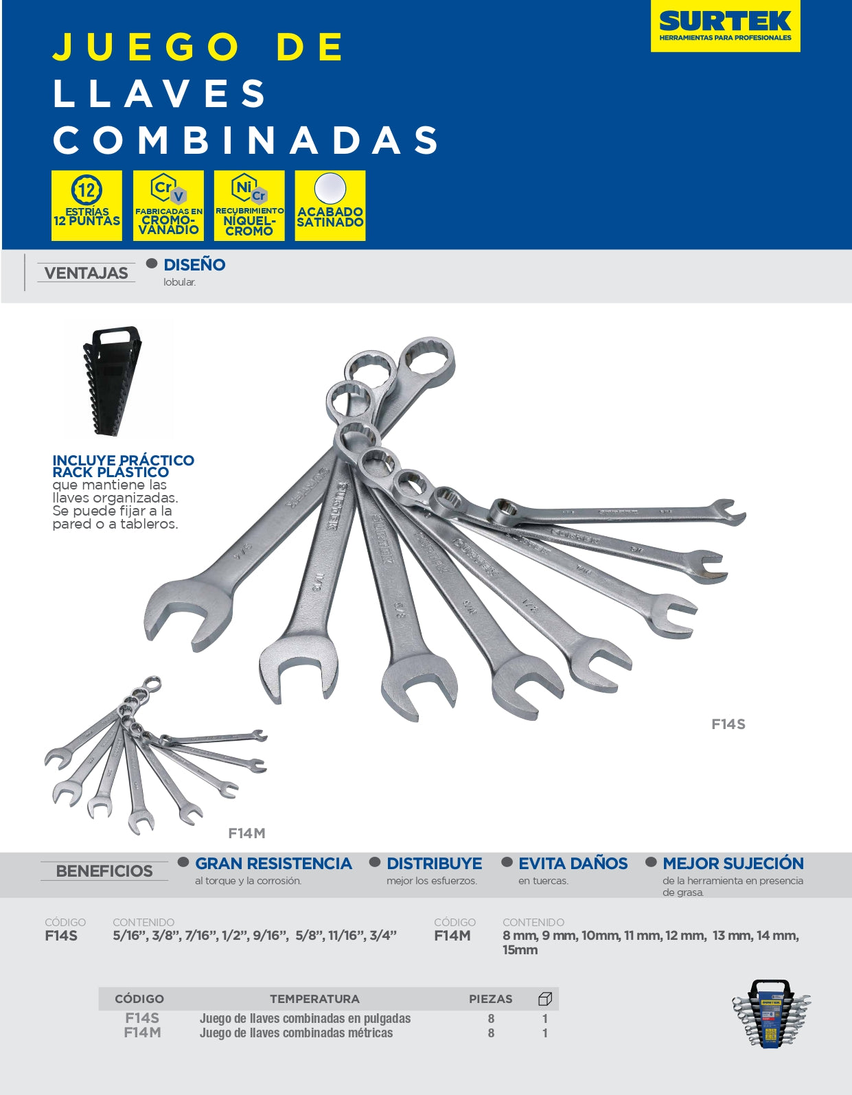 F14M Juego de llaves combinadas satinadas 8 piezas 8 a 15 mm, uso profesional, Surtek