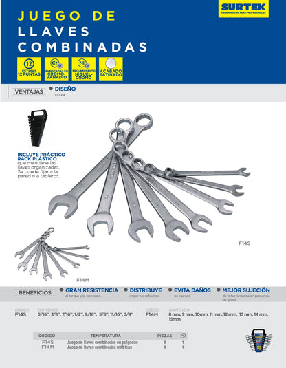 F14M Juego de llaves combinadas satinadas 8 piezas 8 a 15 mm, uso profesional, Surtek