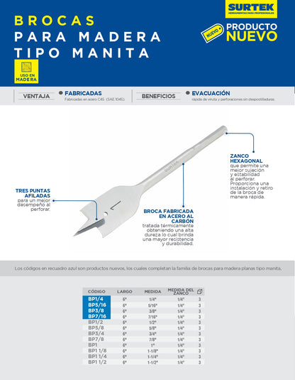 BP1/2 Broca plana para madera 1/2"