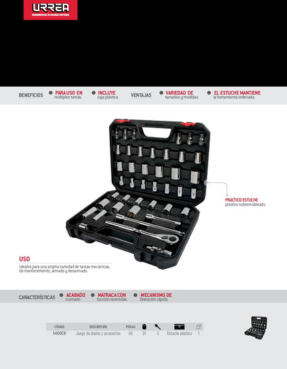 5400CB Juego de copas y accesorios 1/2" 42 piezas 8 a 32 mm - 5/16" a 1-1/4", uso pesado, Urrea