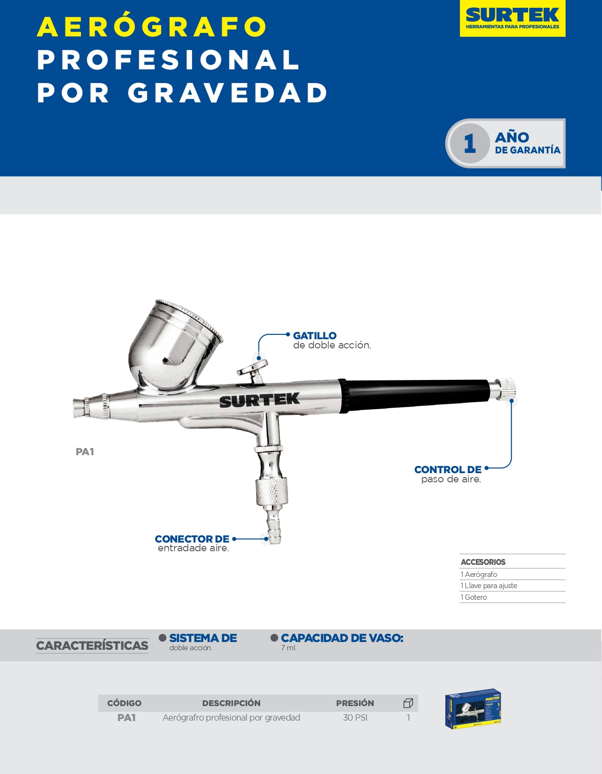 PA1 Aerógrafo profesional aliminetación por gravedad 7 ml 35 PSI, 3 piezas
