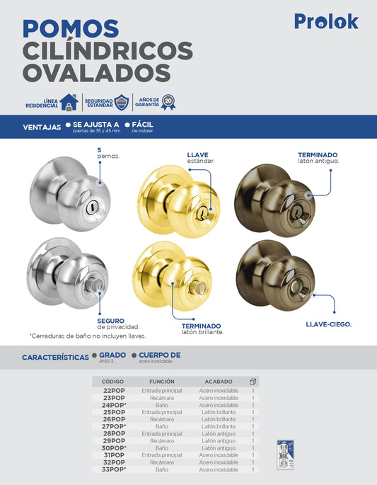 23POP Pomo cilíndrico ovalado para alcoba, Prolok
