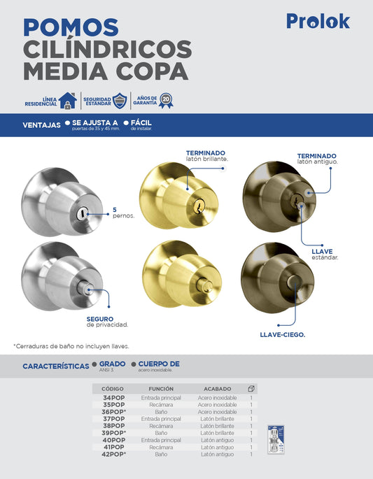 35POP Pomo cilíndrico media copa para alcoba, Prolok
