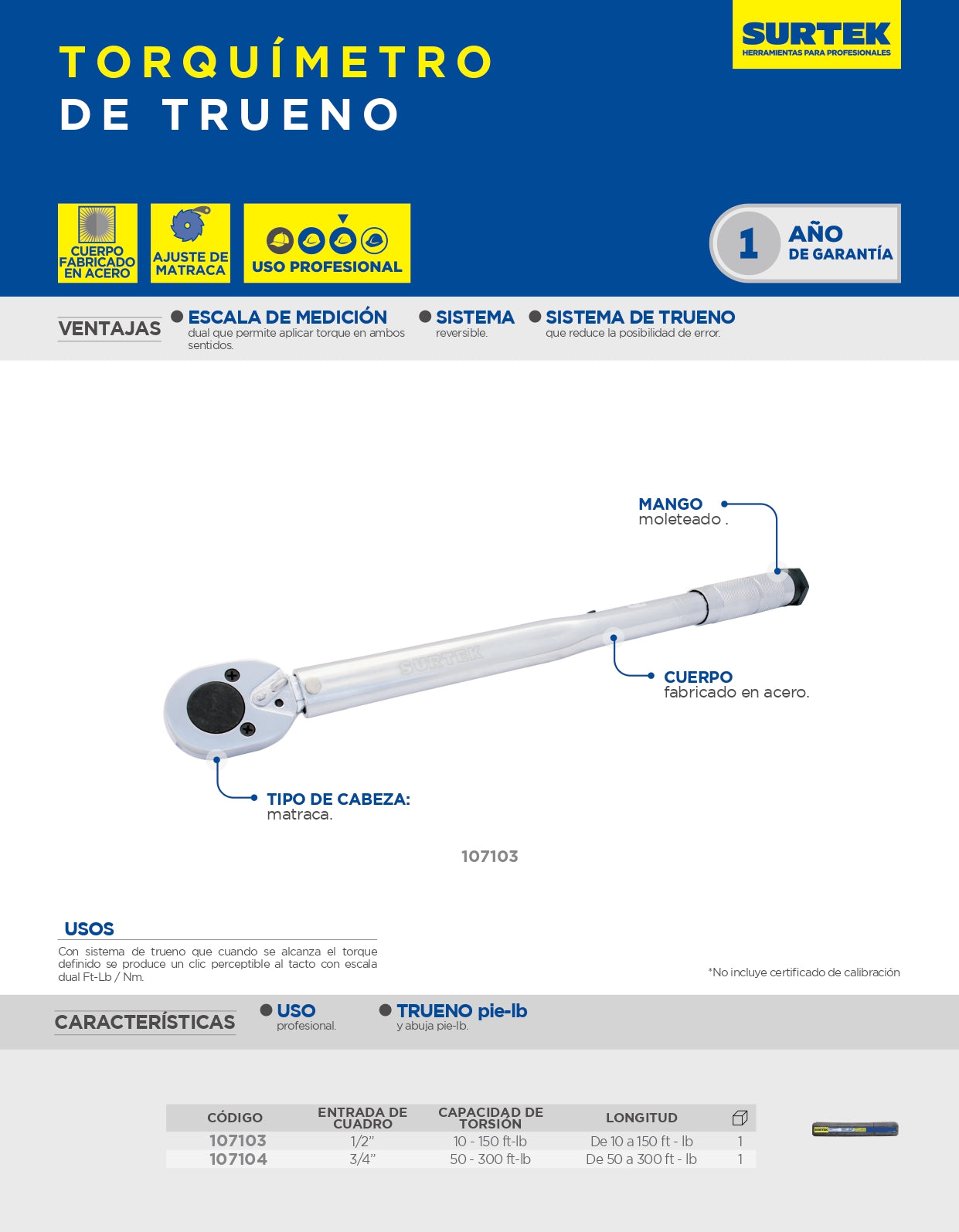 107103 Torquimetro de trinquete 1/2" 10-150 ft-lb