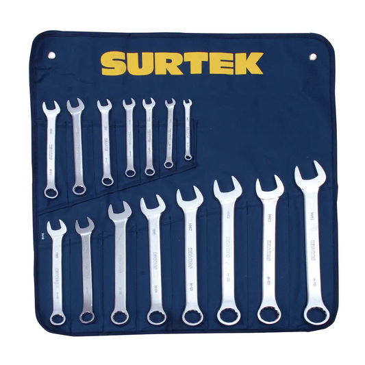 COM16M Juego de llaves combinadas satinadas 15 piezas 6 a 24 mm, uso profesional, Surtek