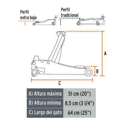 GAPRO-3PB Gato hidráulico profesional de patín, 3 toneladas, elevación rápida