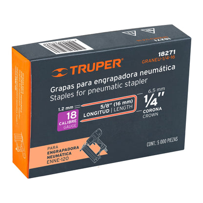 GRANEU-1/4-16 Grapas para grapadora neumática ENEU-1/4, 16mm, 5,000 pzas
