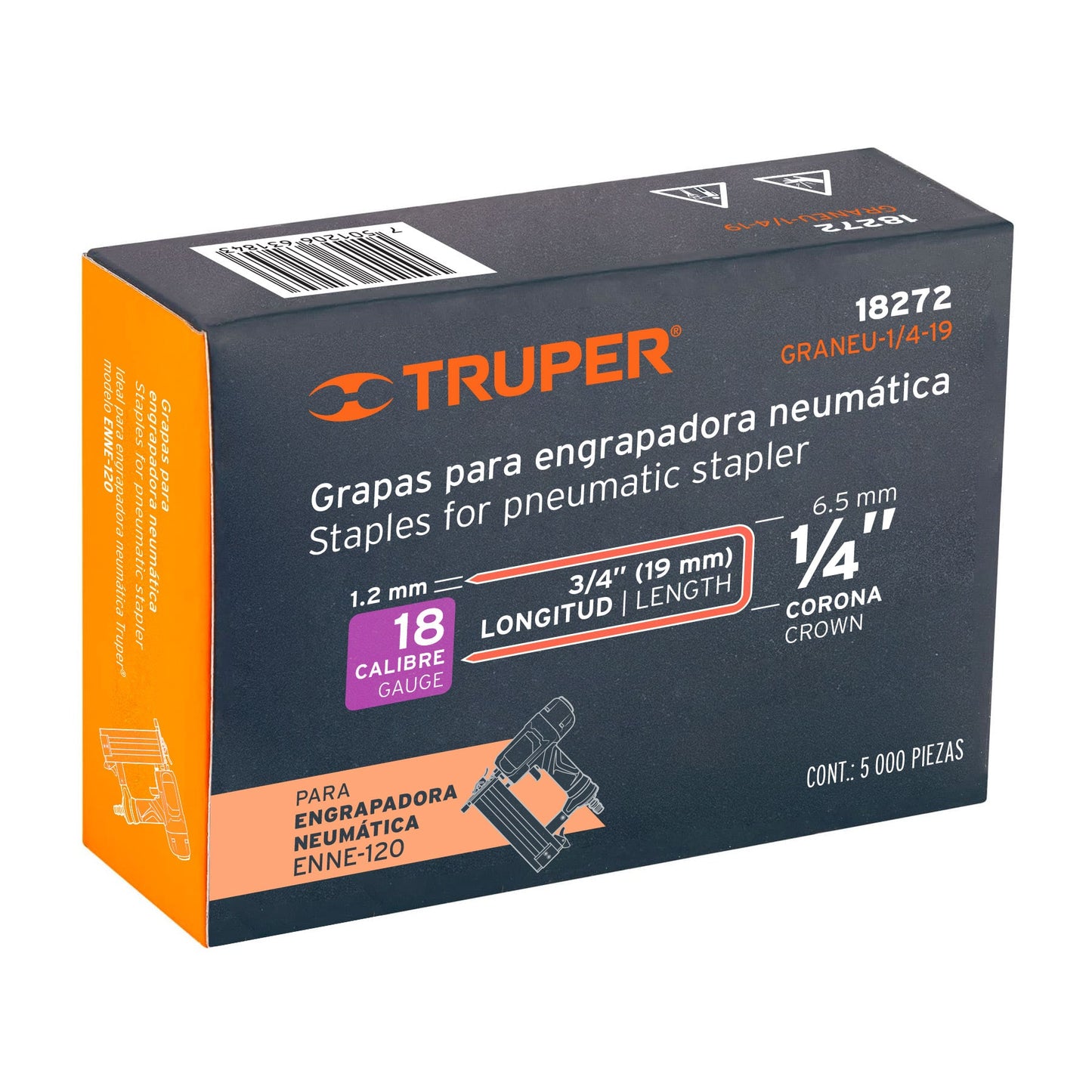 GRANEU-1/4-19 Grapas para grapadora neumática ENEU-1/4, 19mm, 5,000 pzas