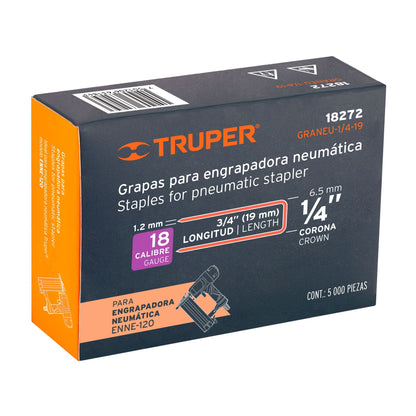 GRANEU-1/4-19 Grapas para grapadora neumática ENEU-1/4, 19mm, 5,000 pzas