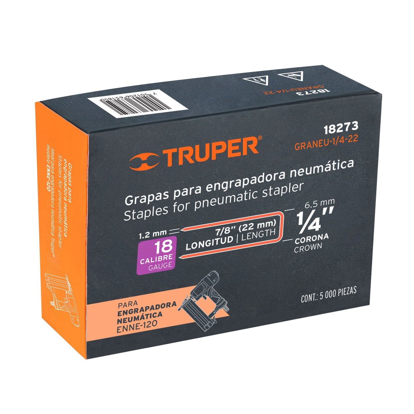GRANEU-1/4-22 Grapas para grapadora neumática ENEU-1/4, 22mm, 5,000 pzas