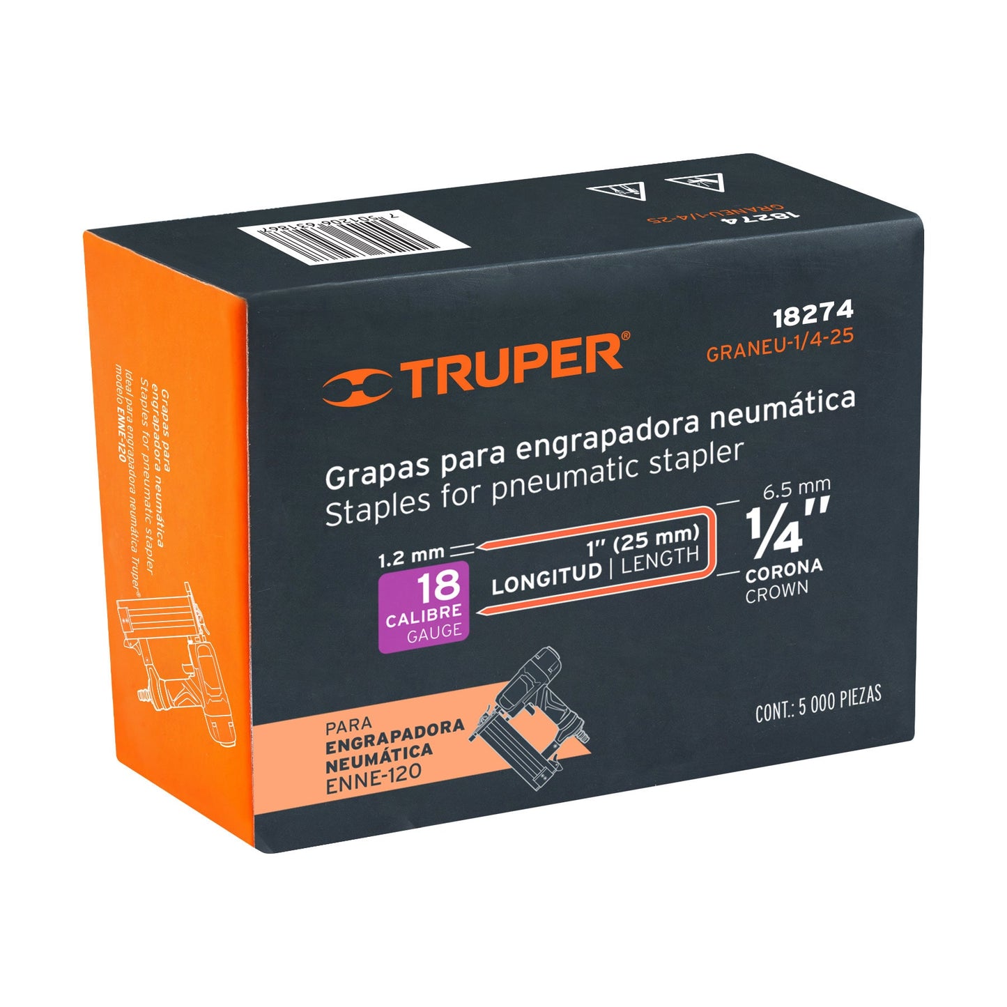 GRANEU-1/4-25 Grapas para grapadora neumática ENEU-1/4, 25mm, 5,000 pzas
