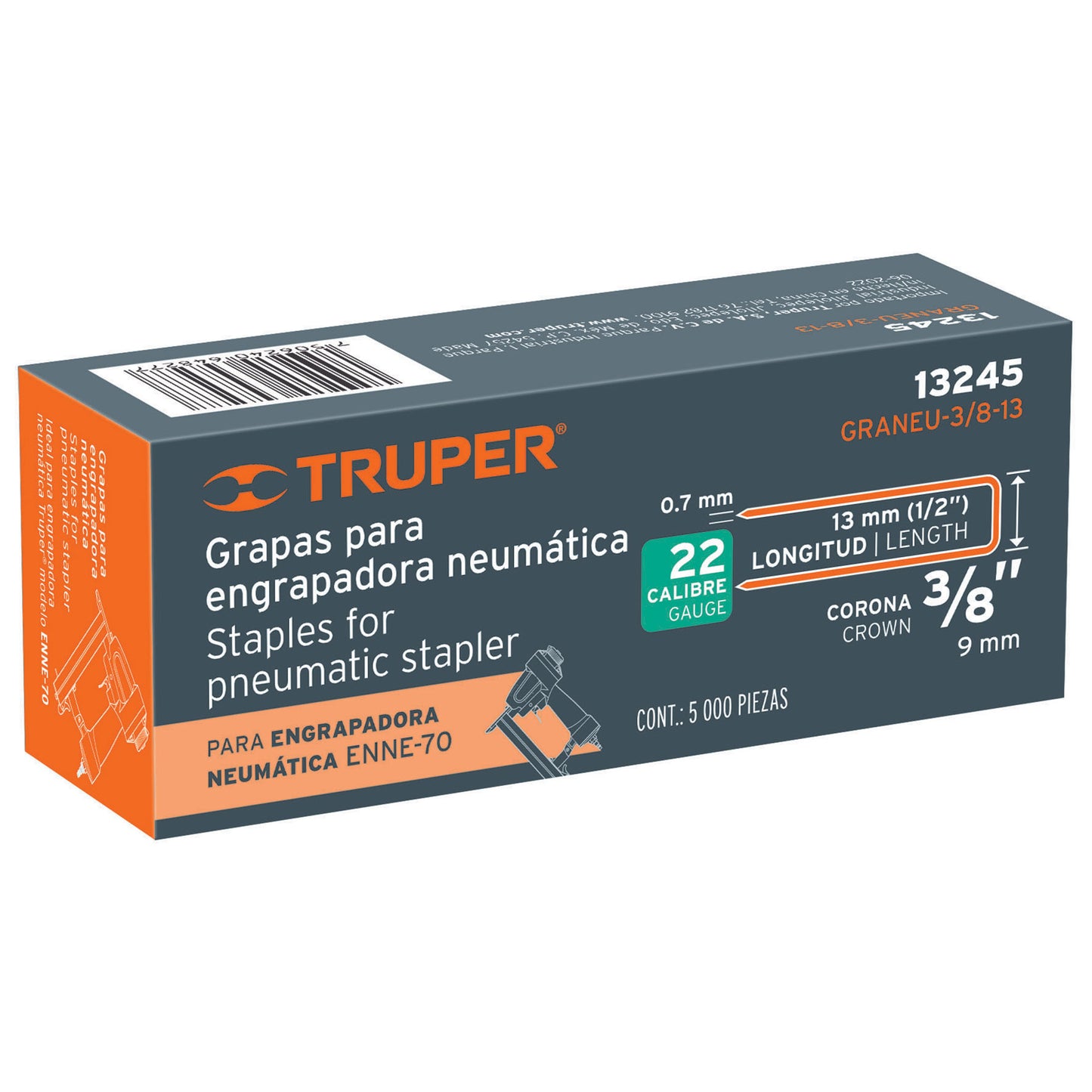 GRANEU-3/8-13 Grapas para grapadora neumática ENEU-3/8, 13mm, 5,000 pzas
