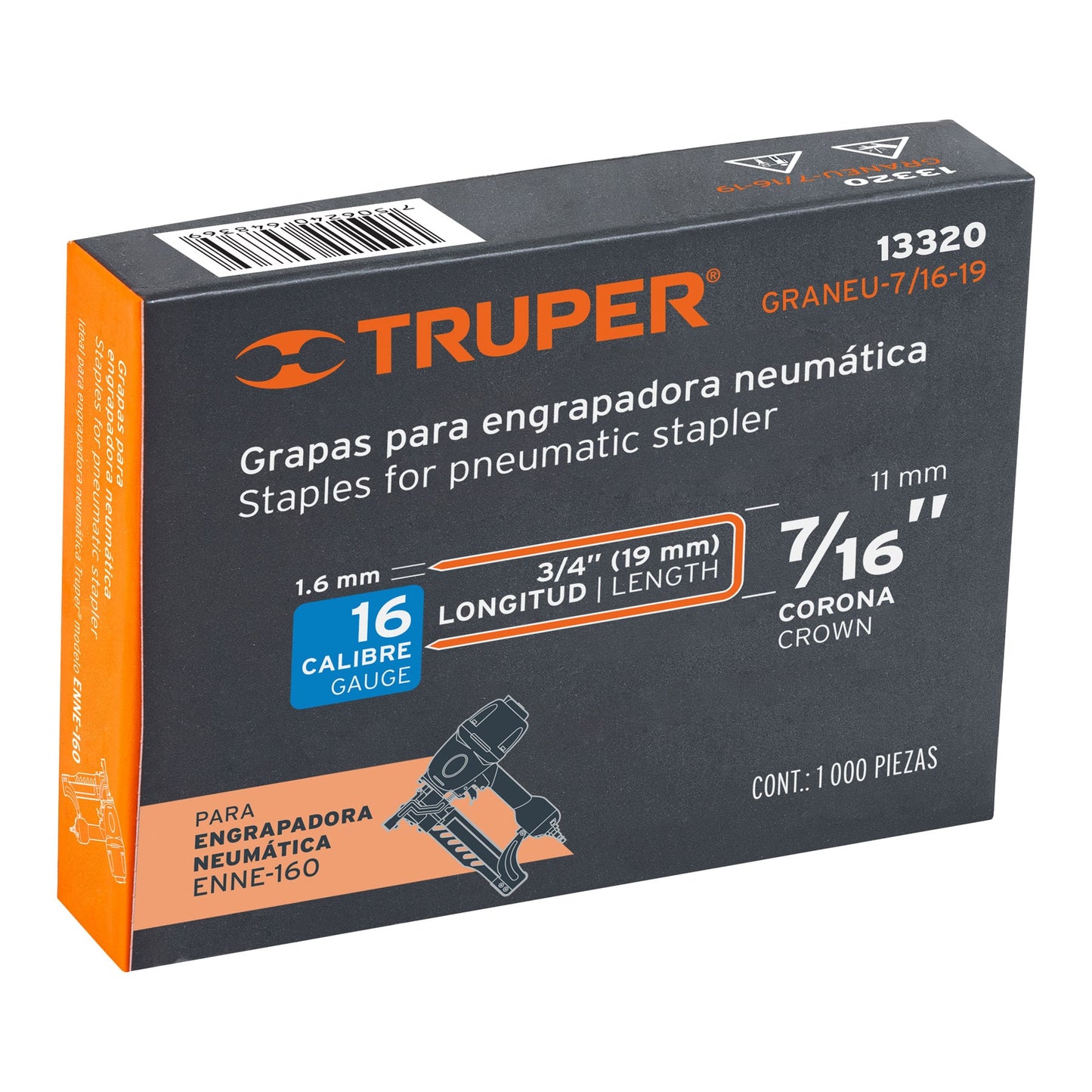 GRANEU-7/16-19 Grapas para grapadora neumática ENEU-7/16, 19mm, 1,000pzas