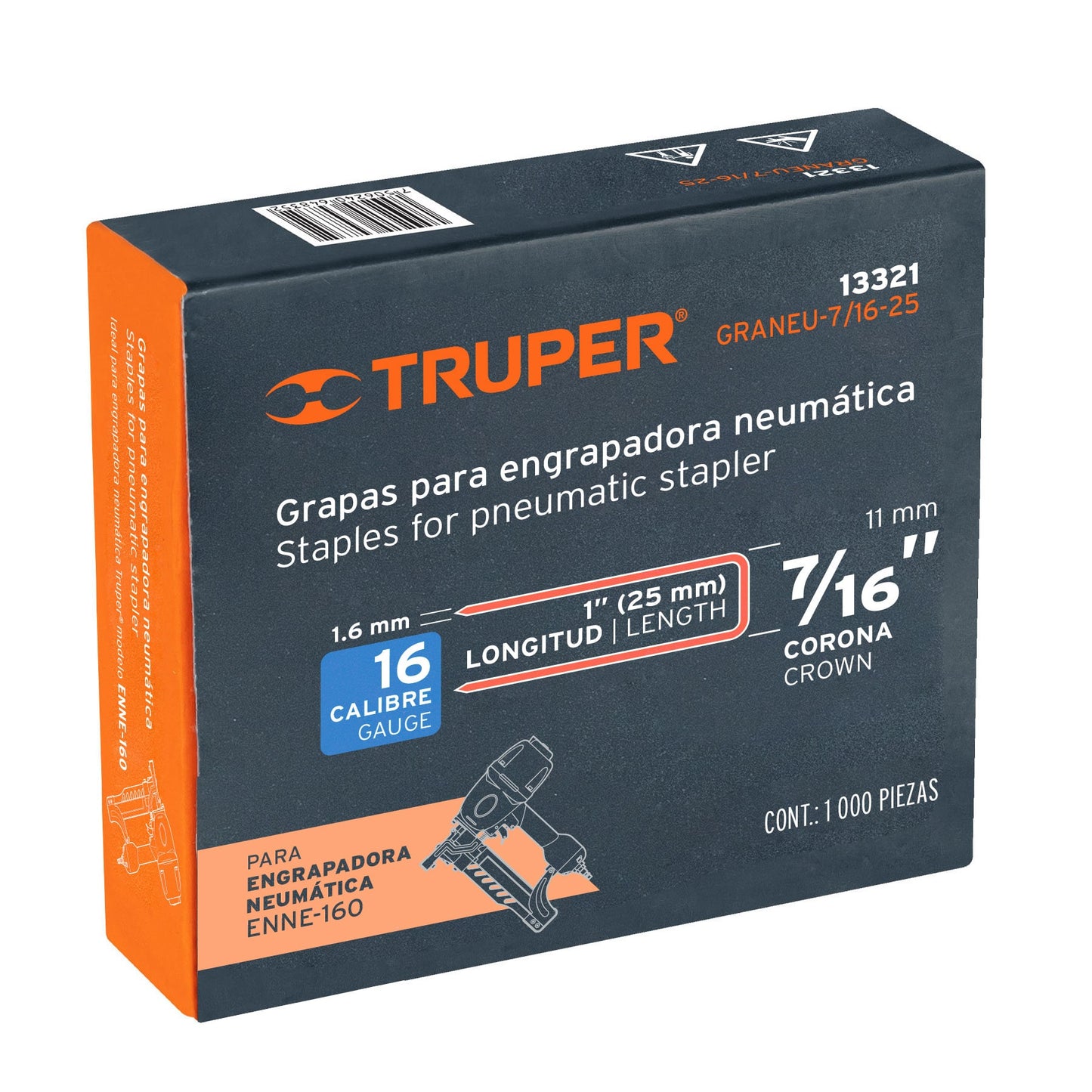 GRANEU-7/16-25 Grapas para grapadora neumática ENEU-7/16, 25mm, 1,000pzas