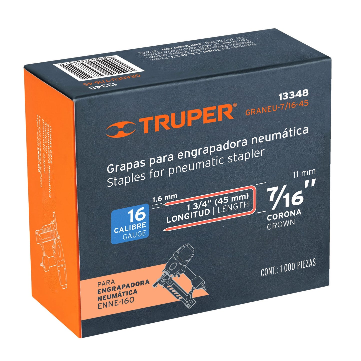GRANEU-7/16-45 Grapas para grapadora neumática ENEU-7/16, 45mm, 1,000pzas