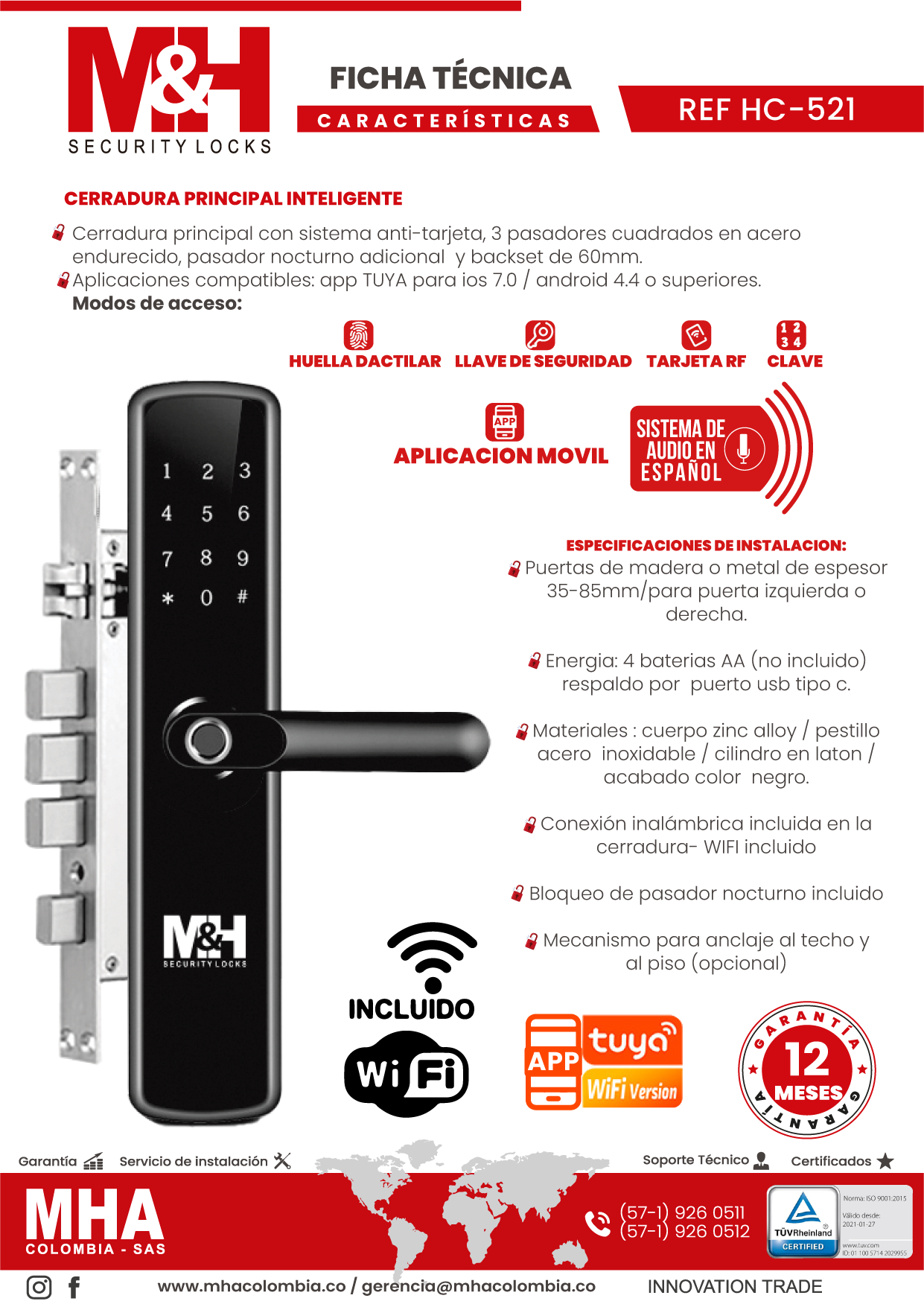 HC-521 Cerradura digital con manija 5 modos de acceso y app