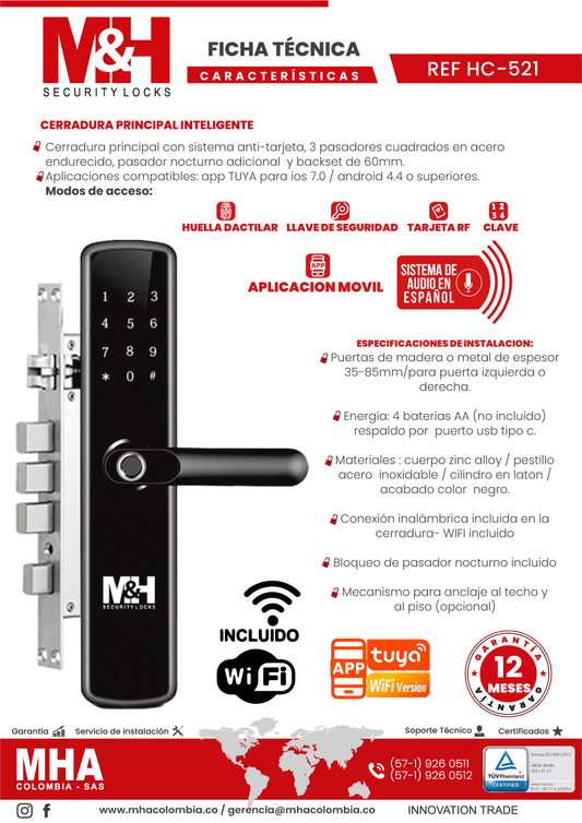 HC-521 Cerradura digital con manija 5 modos de acceso y app