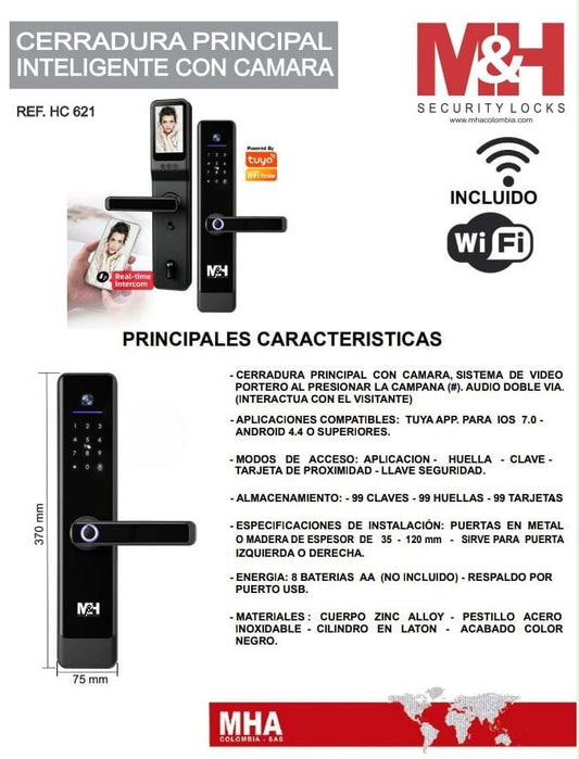 HC-621 Cerradura digital con manija, camara integrada y app